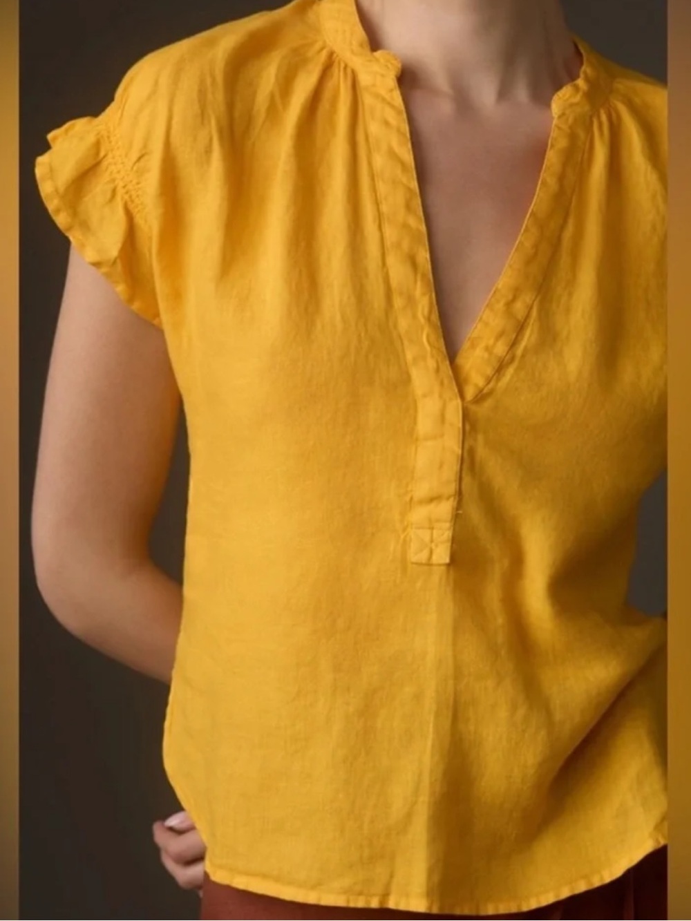 PILCRO Anthropologie Yellow Tatum Flutter-Sleeve Blouse 100% Linen Boho Size M